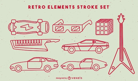 Retro cars and elements stroke set