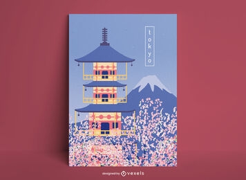 Diseño de cartel de viaje de templo japonés de Tokio