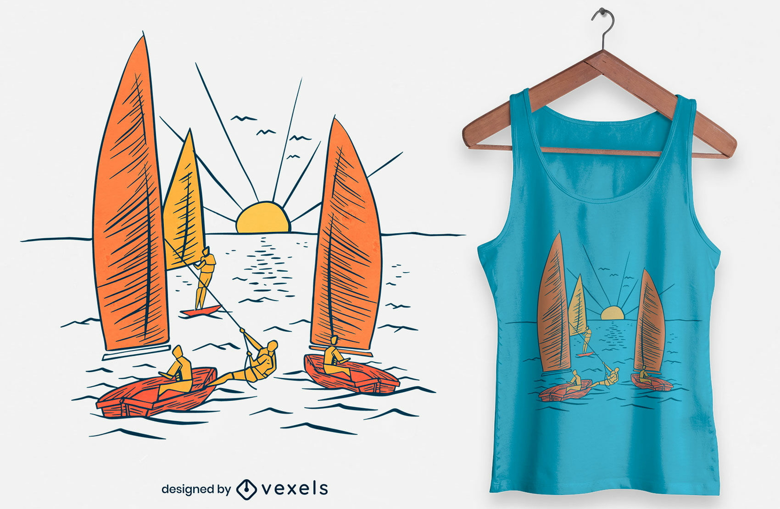 Design de t-shirt desenhada à mão para barco à vela