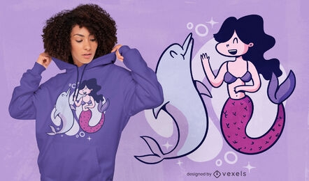 Mermaid and dolphin cartoon t-shirt design