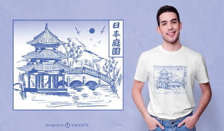 Diseño de camiseta de arte de línea de jardín japonés.