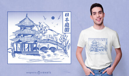 Japanese Garden Line Art T-shirt Design Vector Download