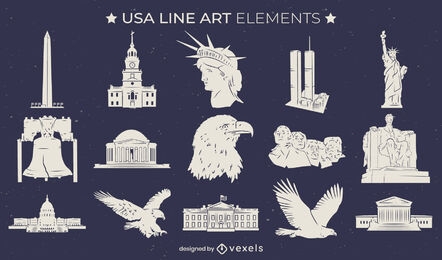 Conjunto de elementos de arte de linha cultural dos Estados Unidos