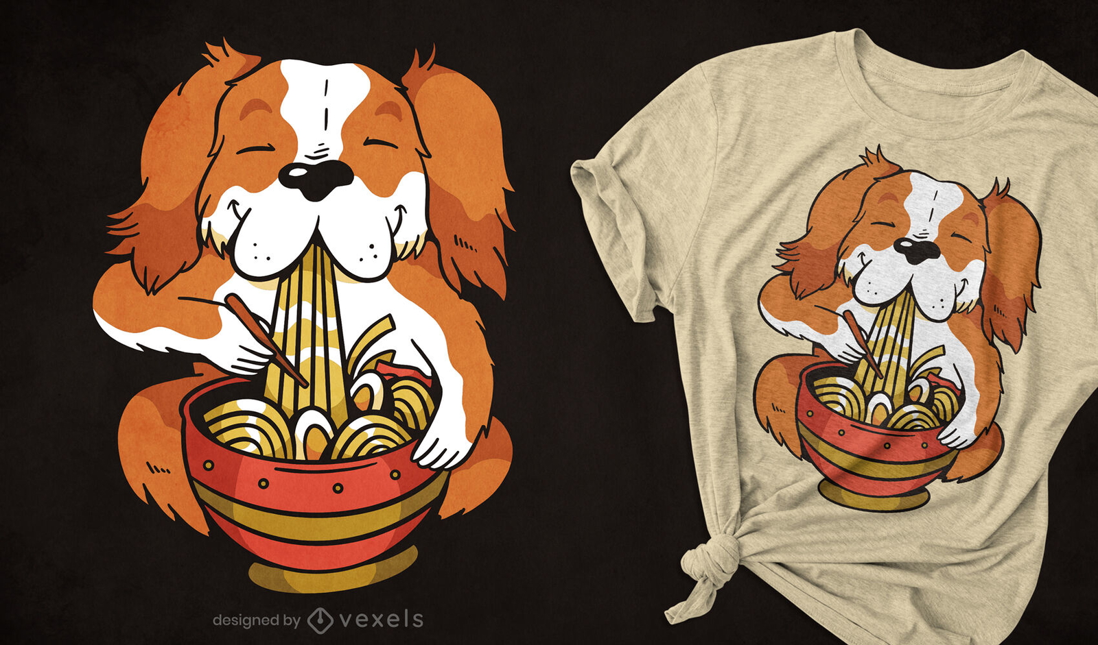 Cachorro comendo t-shirt de macarrão ramen deisgn