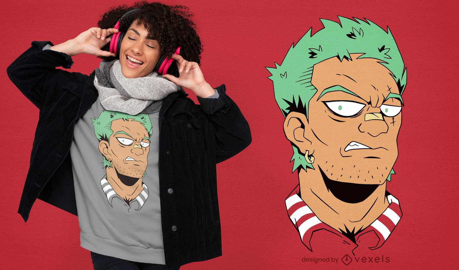 Design de camiseta com cara de cara de anime do vilão