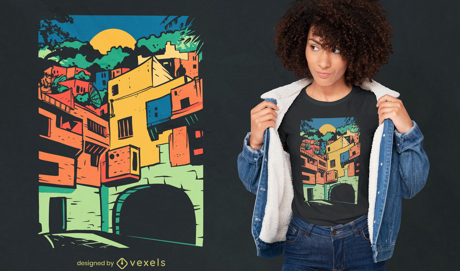 Diseño de camiseta colorida ciudad mexicana