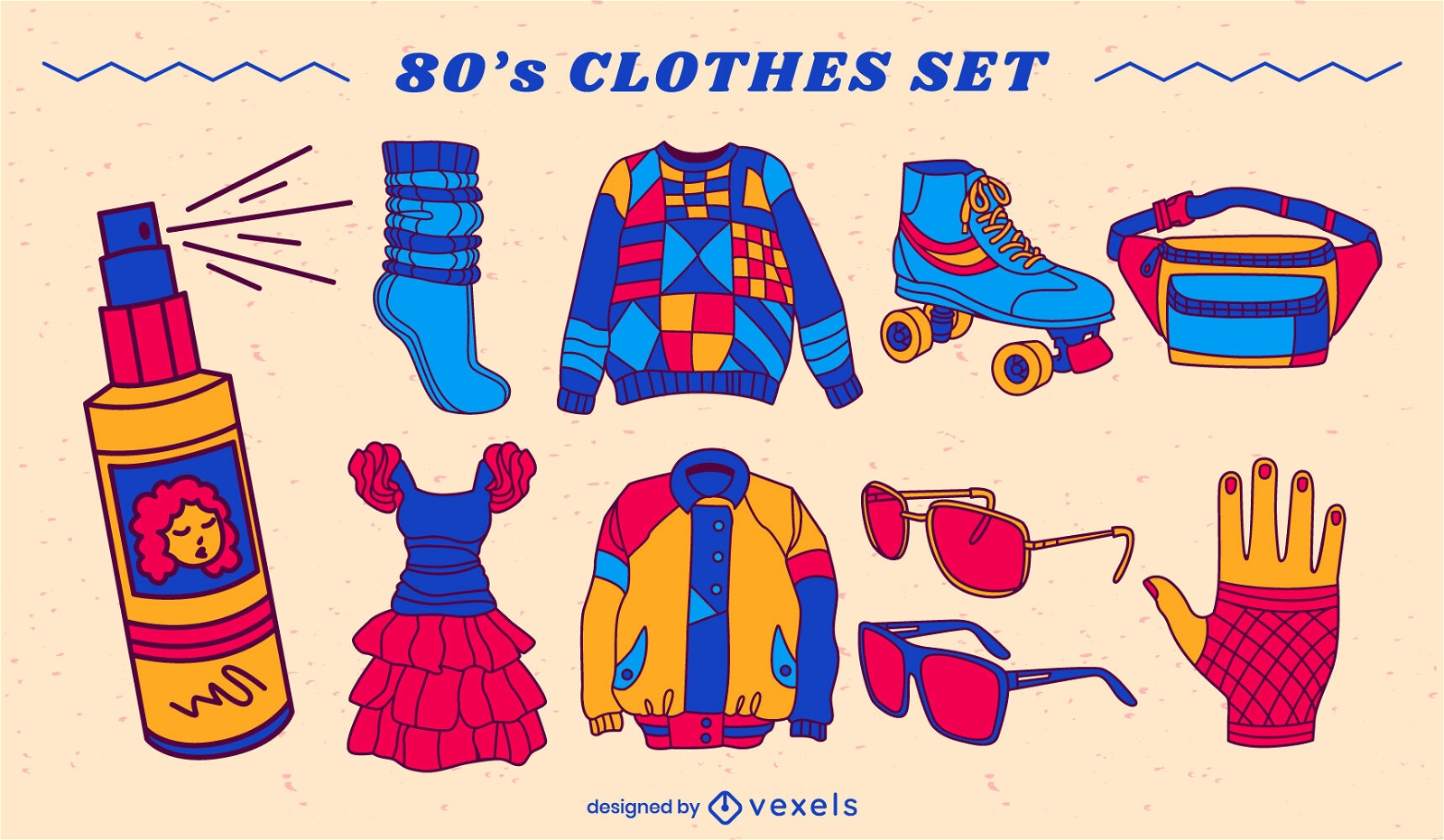 Conjunto de roupas dos anos 80 tra?o de cor