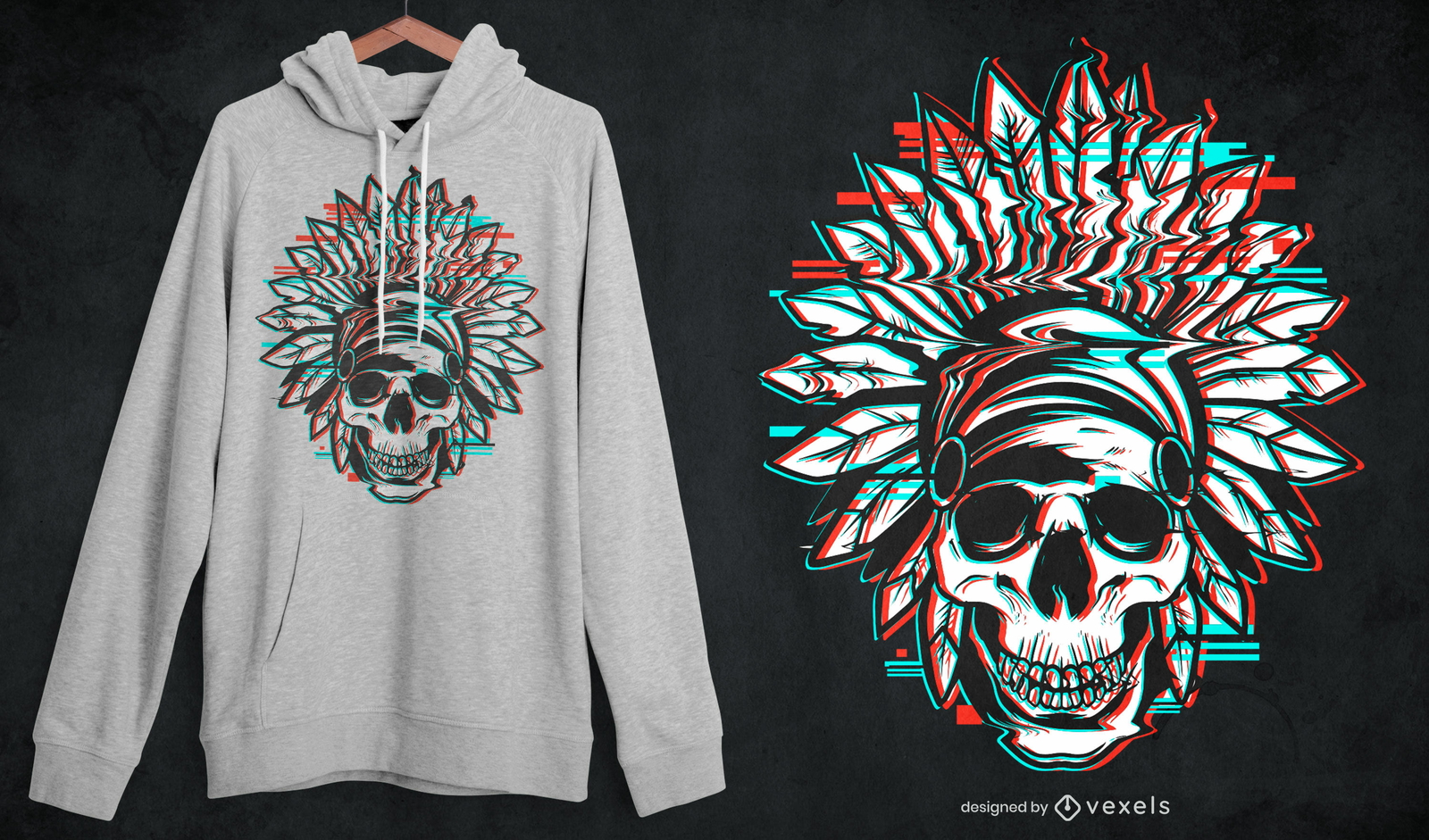 Diseño de camiseta de calavera con tocado indio.