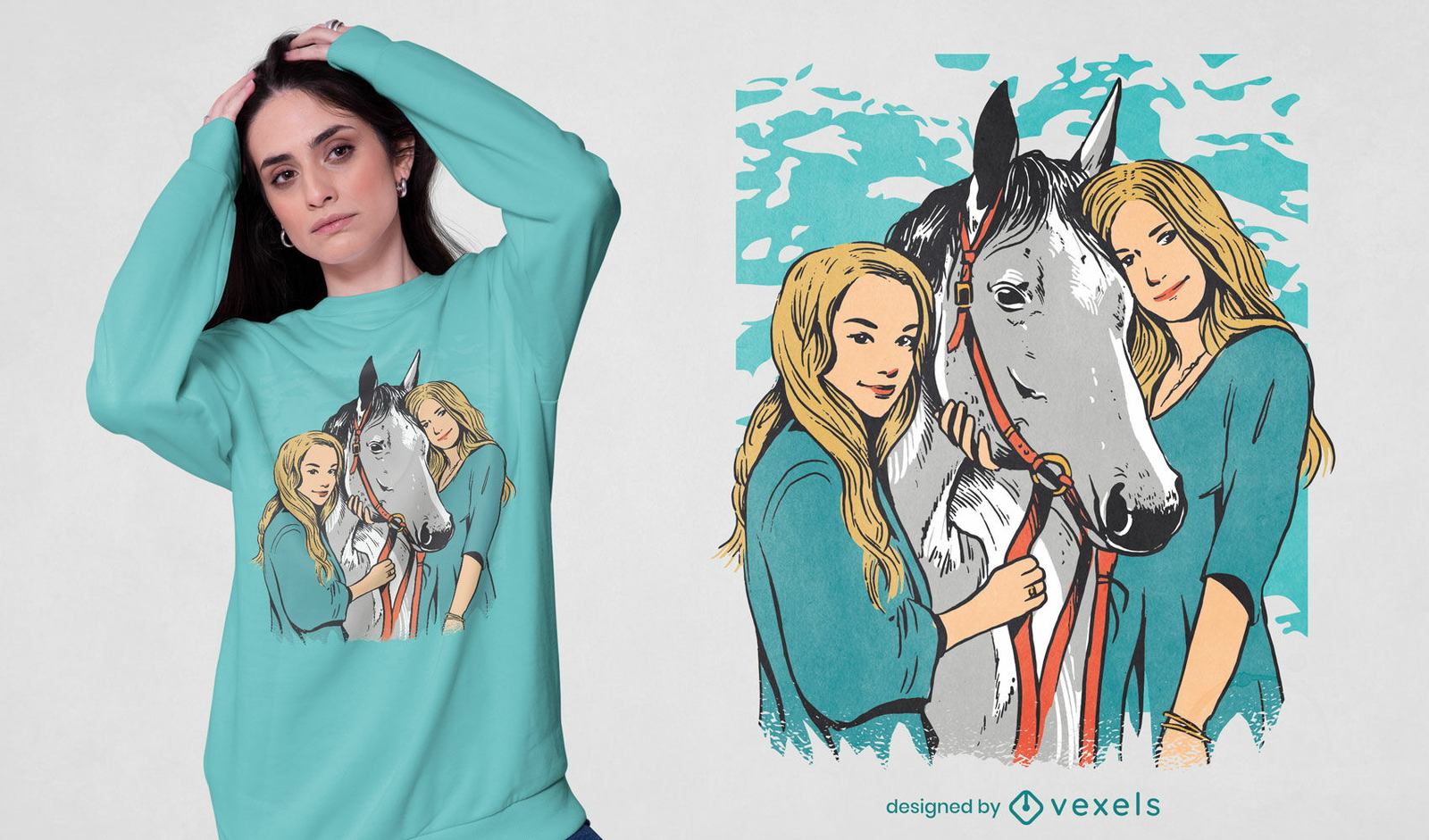 Diseño de camiseta de retrato de niñas y caballos.