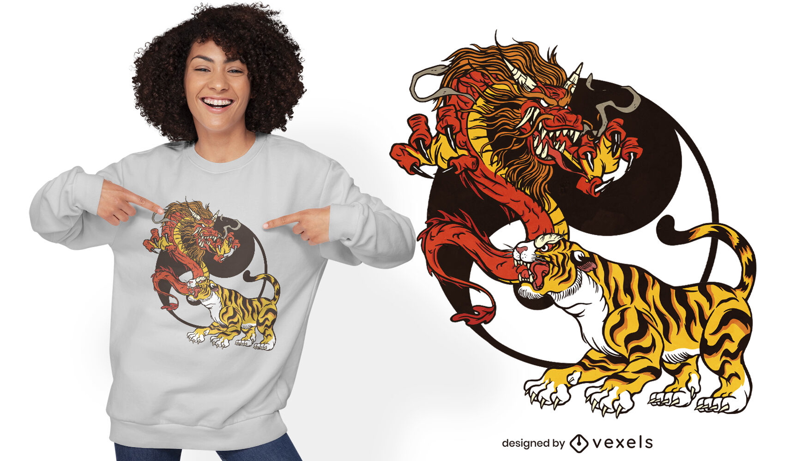 Desenho de t-shirt yin yang de dragão e tigre