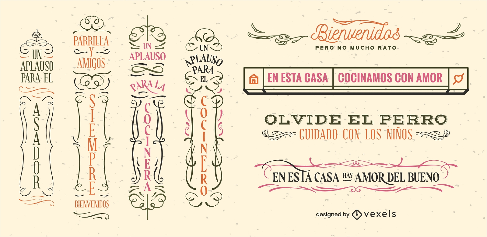 Citação em espanhol assina um conjunto de emblemas vintage