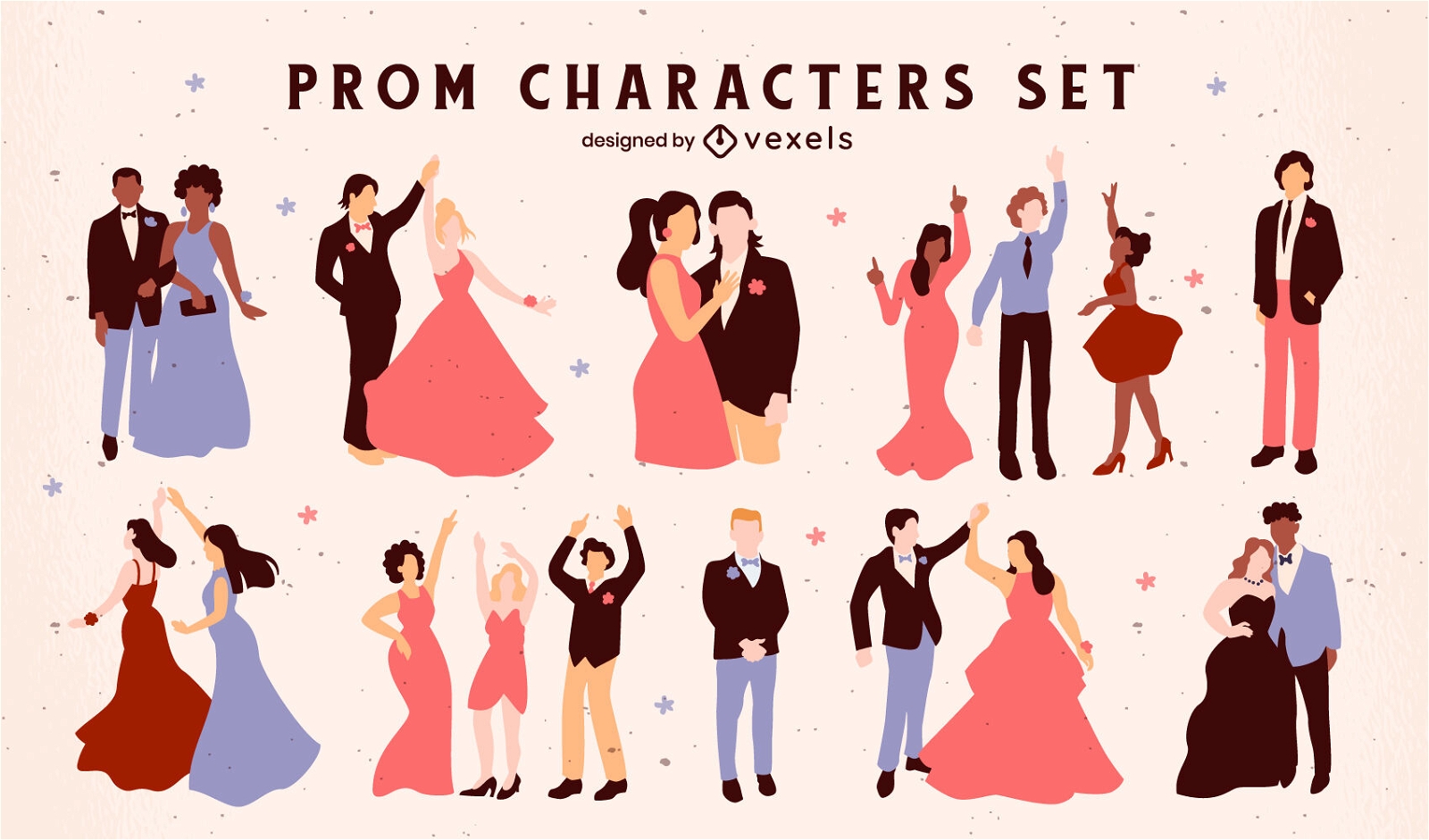 Prom party characters in formal dress set