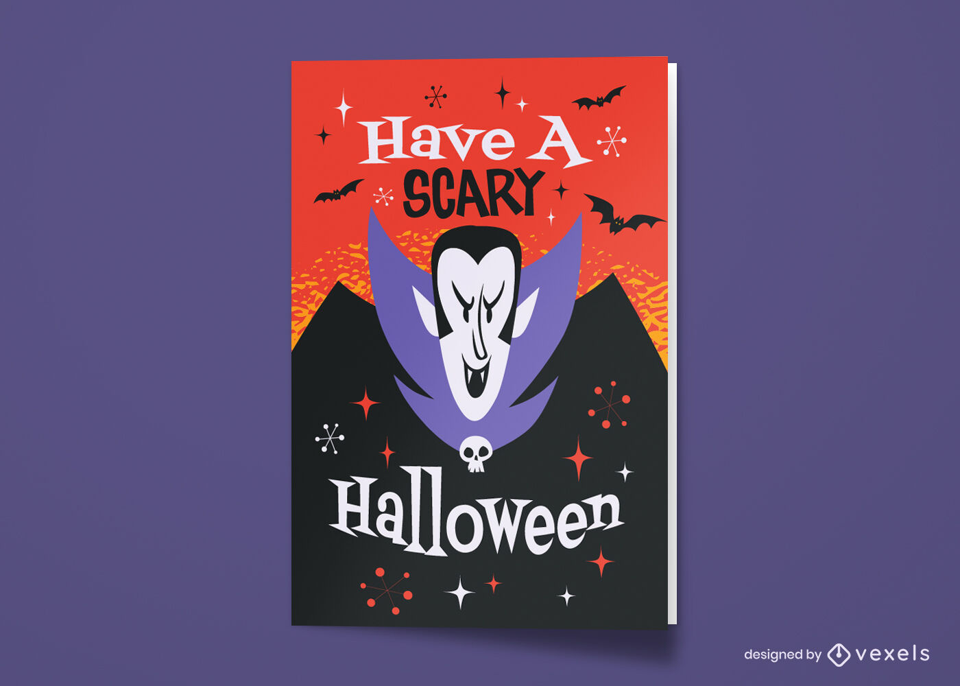 Tarjeta de felicitación de dibujos animados de vampiro de Halloween