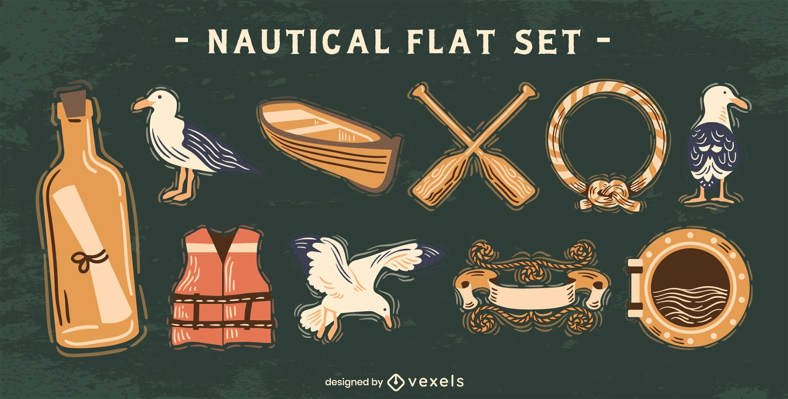 Nautical sailing elements set semi flat 