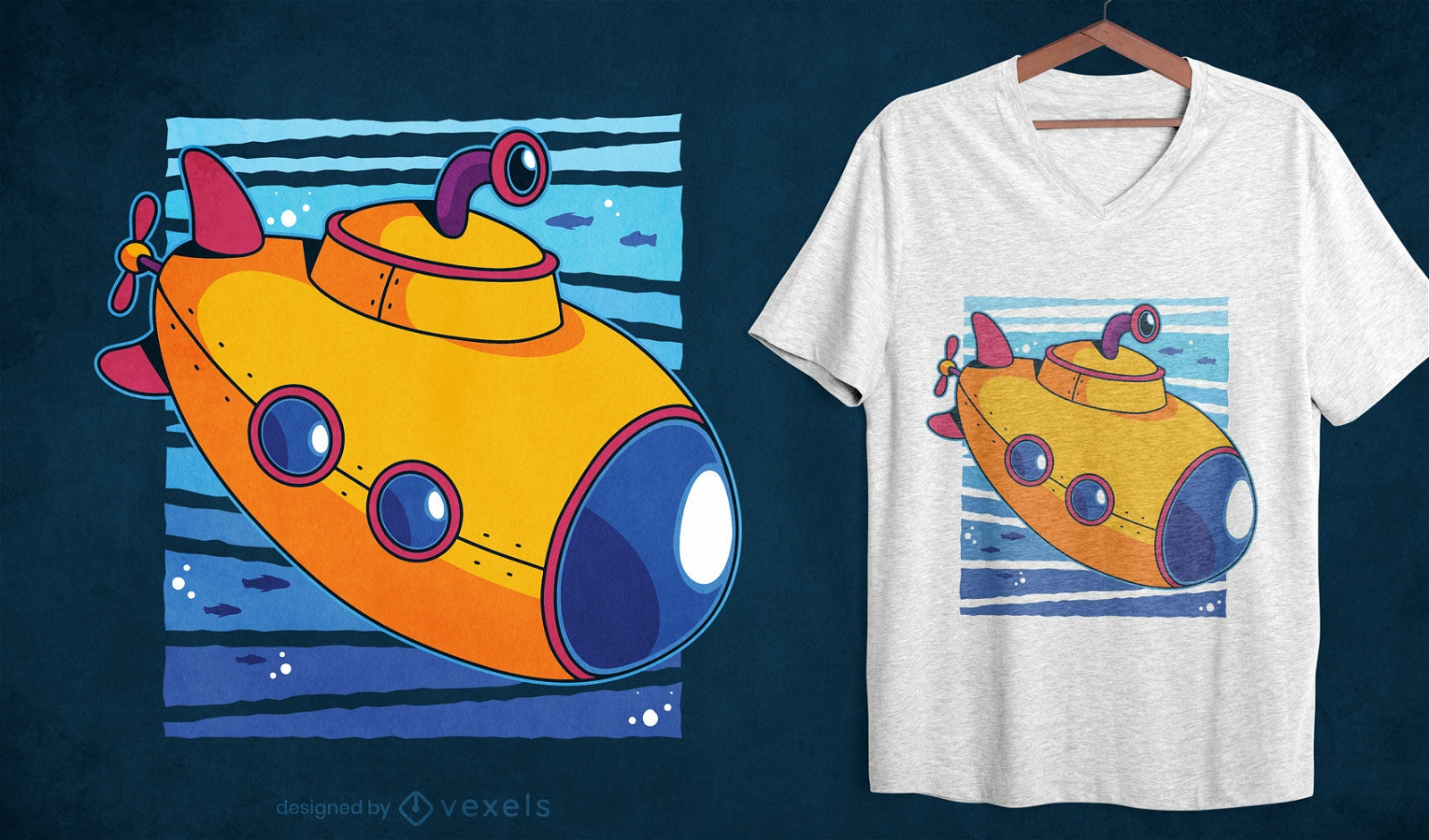 Design de t-shirt de desenho animado do submarino de brinquedo do oceano