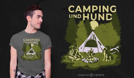 Diseño de camiseta de hombre y perro en la naturaleza para acampar.