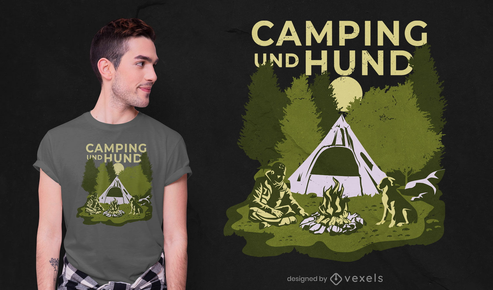 Design de t-shirt de acampamento para homem e cão na natureza