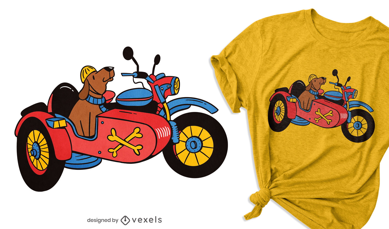 Perro en diseño de camiseta de sidecar.