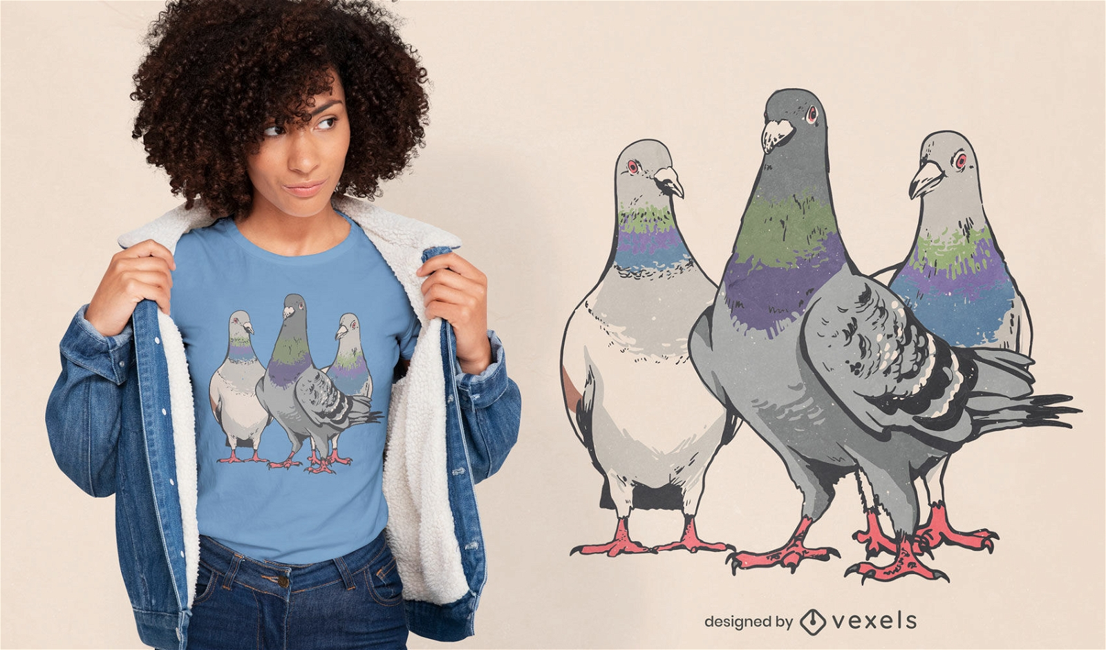 T-Shirt-Design mit drei Tauben