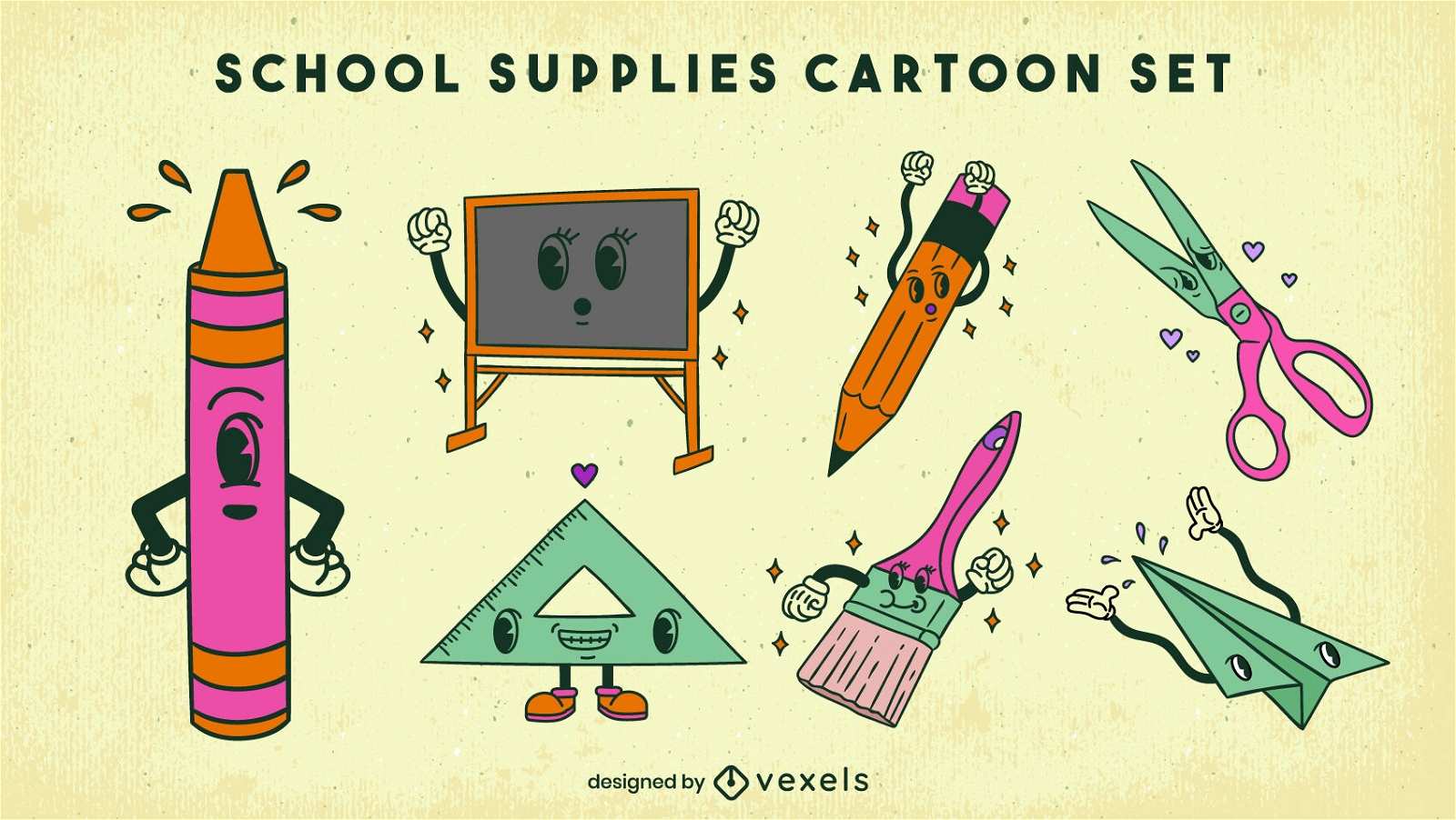 Conjunto de personagens de desenhos animados retrô de material escolar
