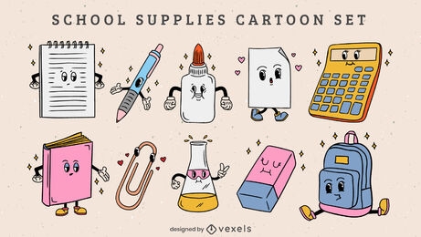 Pacote de desenhos animados retrô de materiais escolares