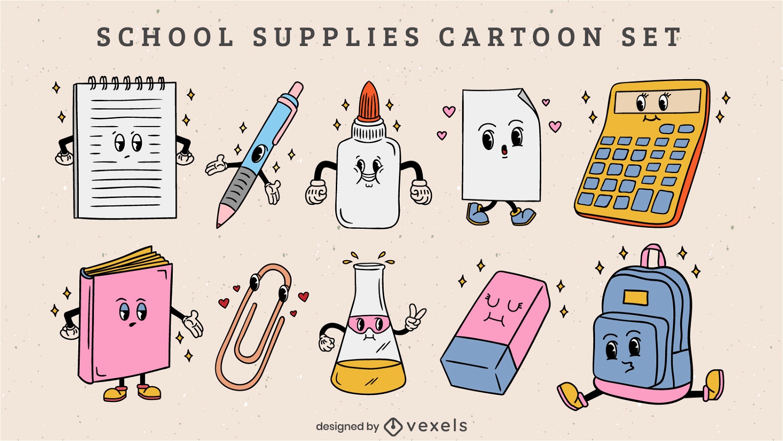 School supplies characters retro cartoon pack