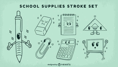 School supplies characters retro cartoon stroke