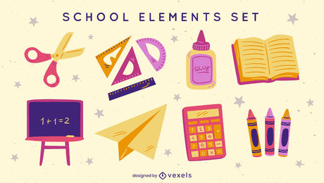 Set of flat school supply elements 