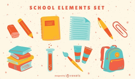Conjunto plano de elementos de útiles escolares