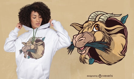 Diseño de camiseta de dibujos animados de cabra comiendo