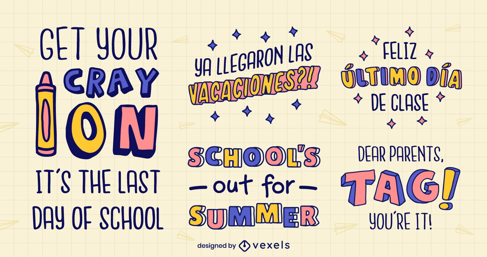 Conjunto de citações de emblemas para férias de férias escolares