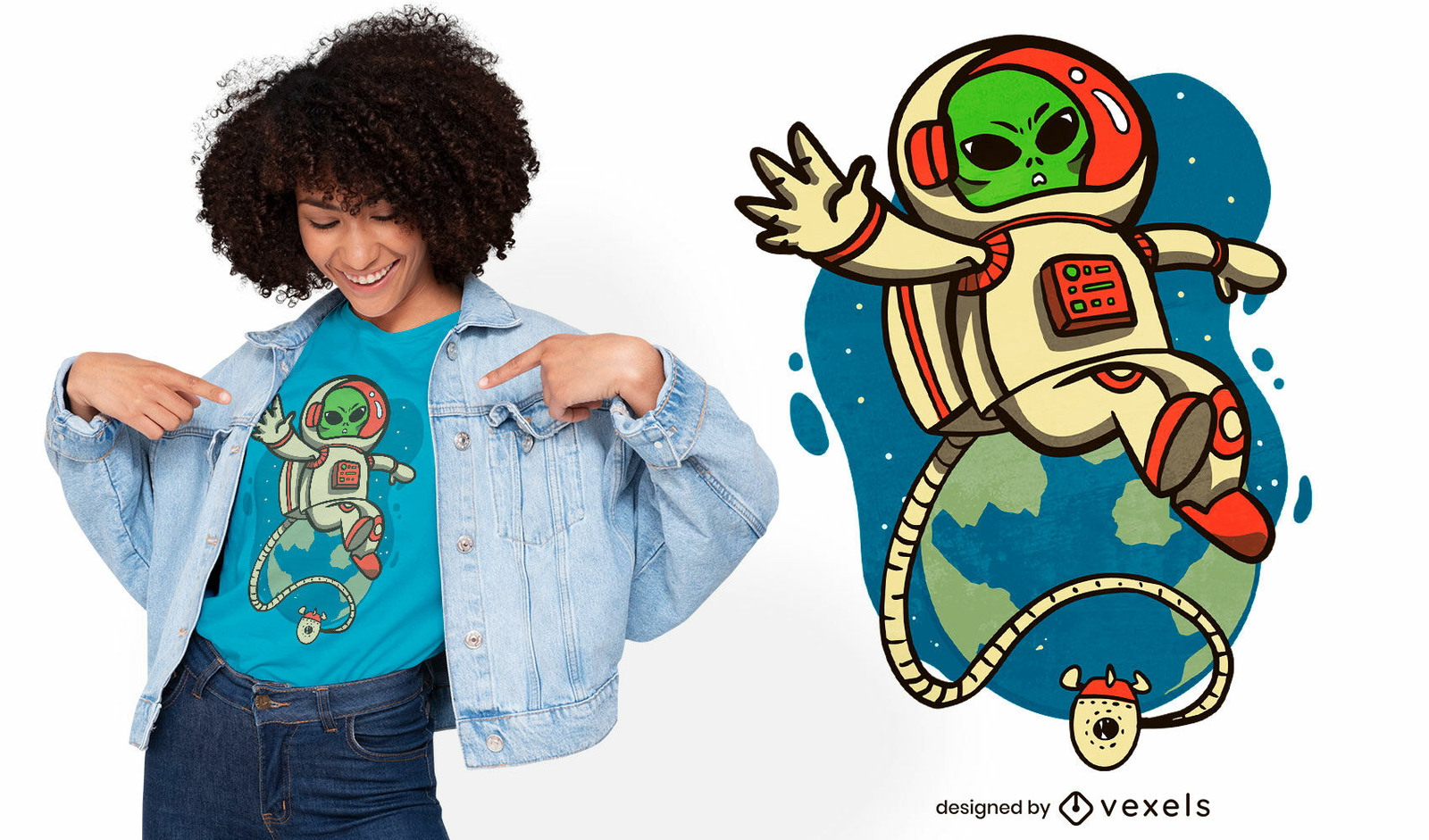 Diseño de camiseta espacial astronauta alienígena de dibujos animados