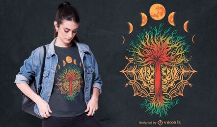 Diseño de camiseta de la naturaleza de la mandala de las fases de la luna.