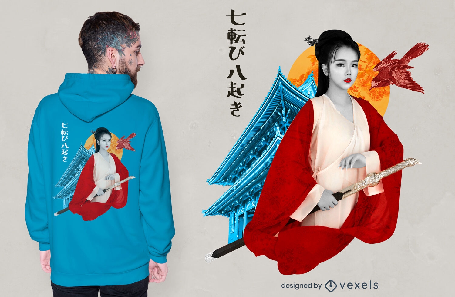 Camiseta psd chica collage japonesa con espada