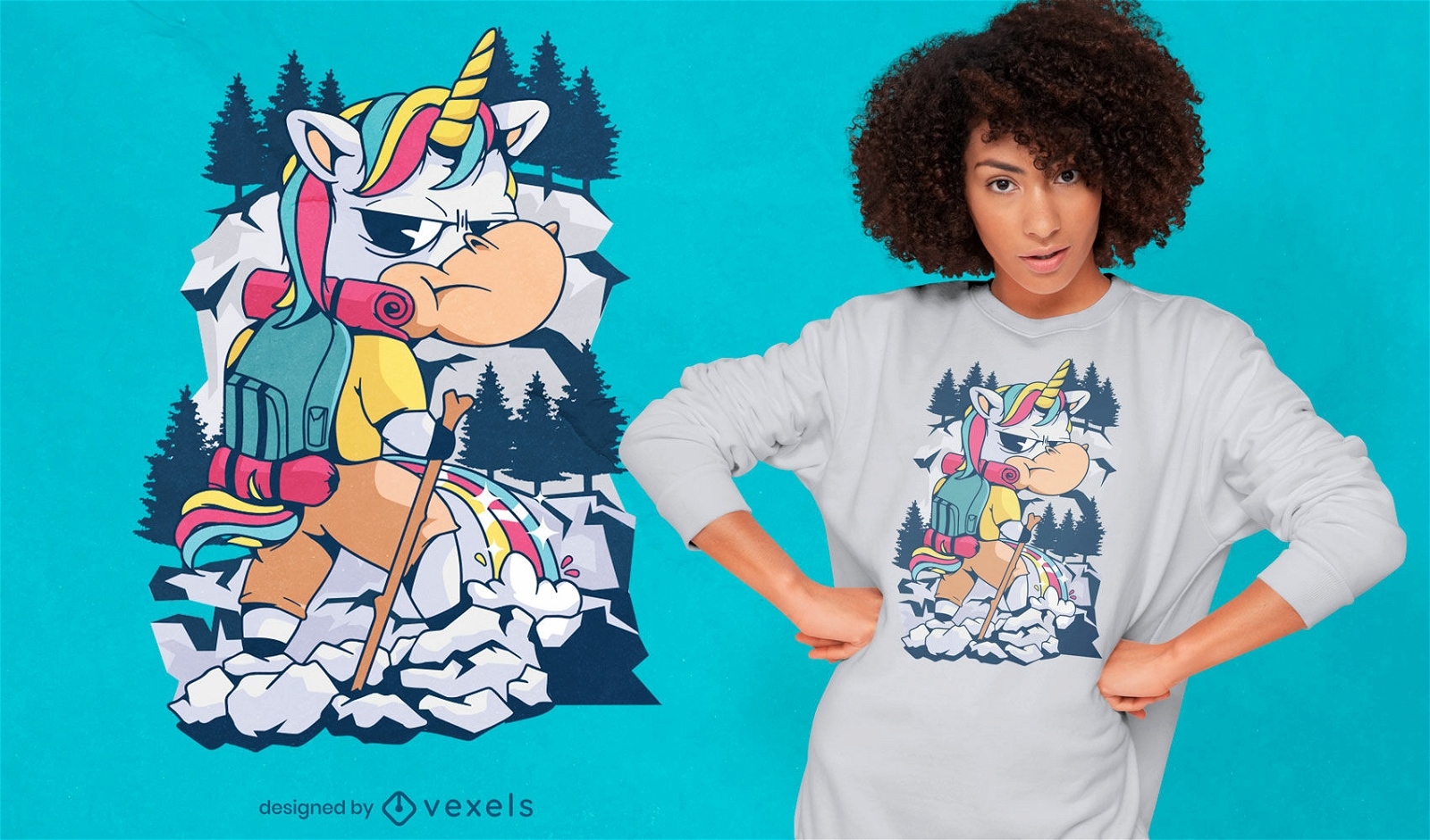 Diseño de camiseta de senderismo de unicornio de dibujos animados