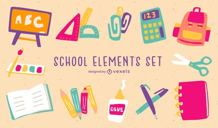 Elementos de material escolar simples e planos