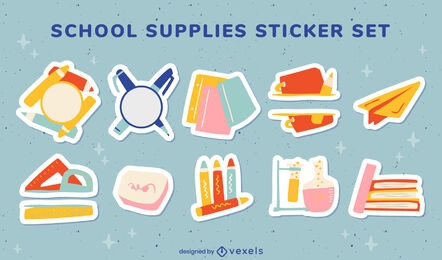 School supplies stickers flat set