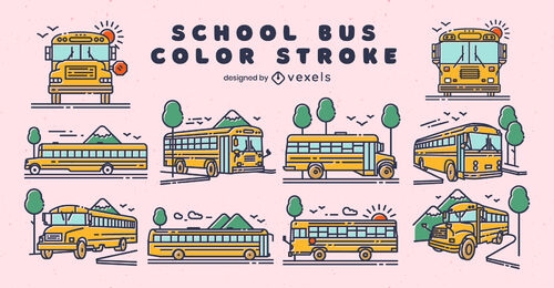 School buses color stroke set