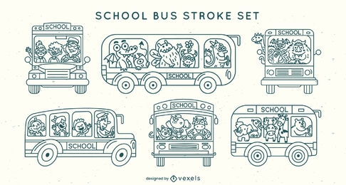 School buses cartoon stroke set