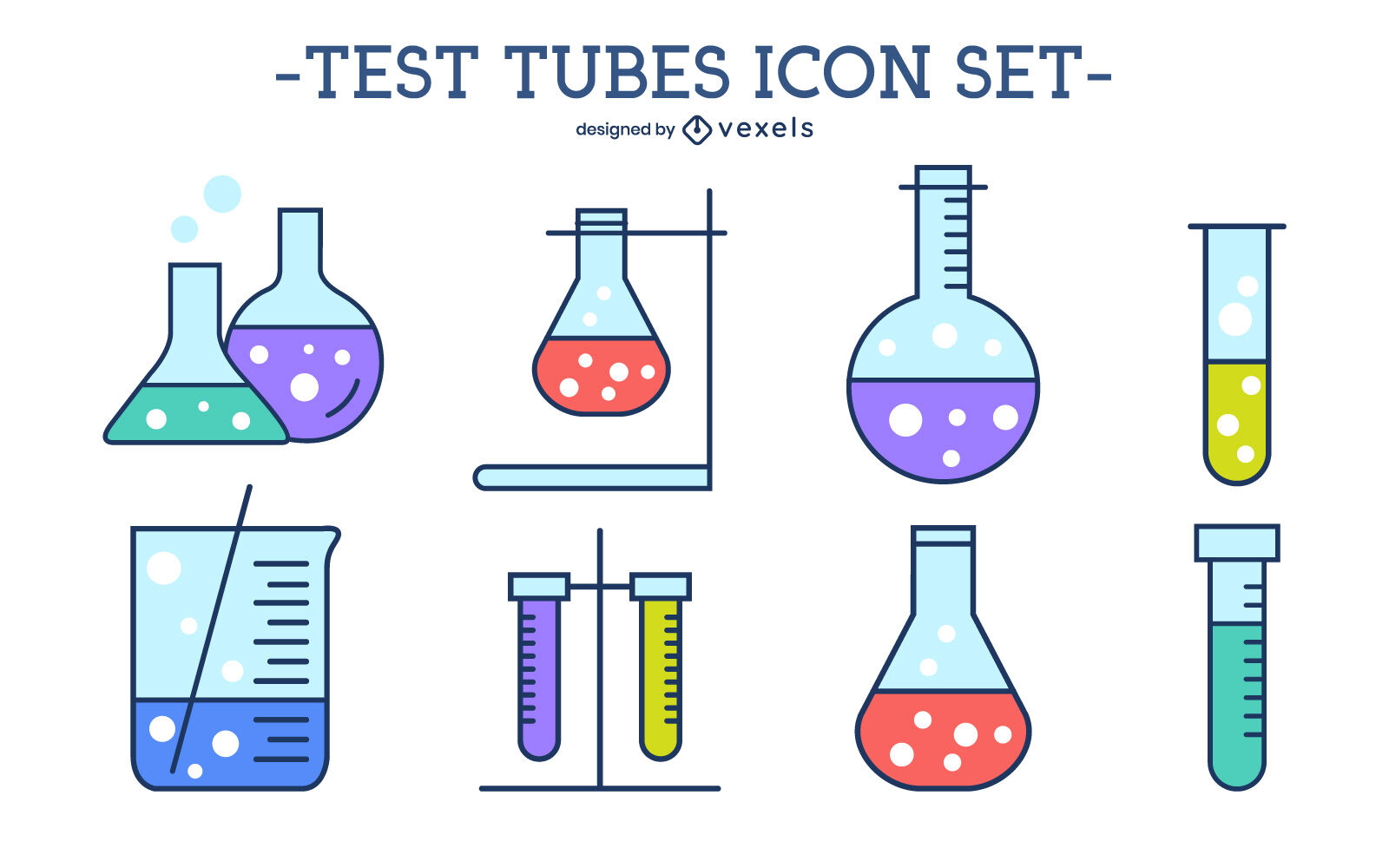 Conjunto de ícones coloridos de tubos de ensaio de química