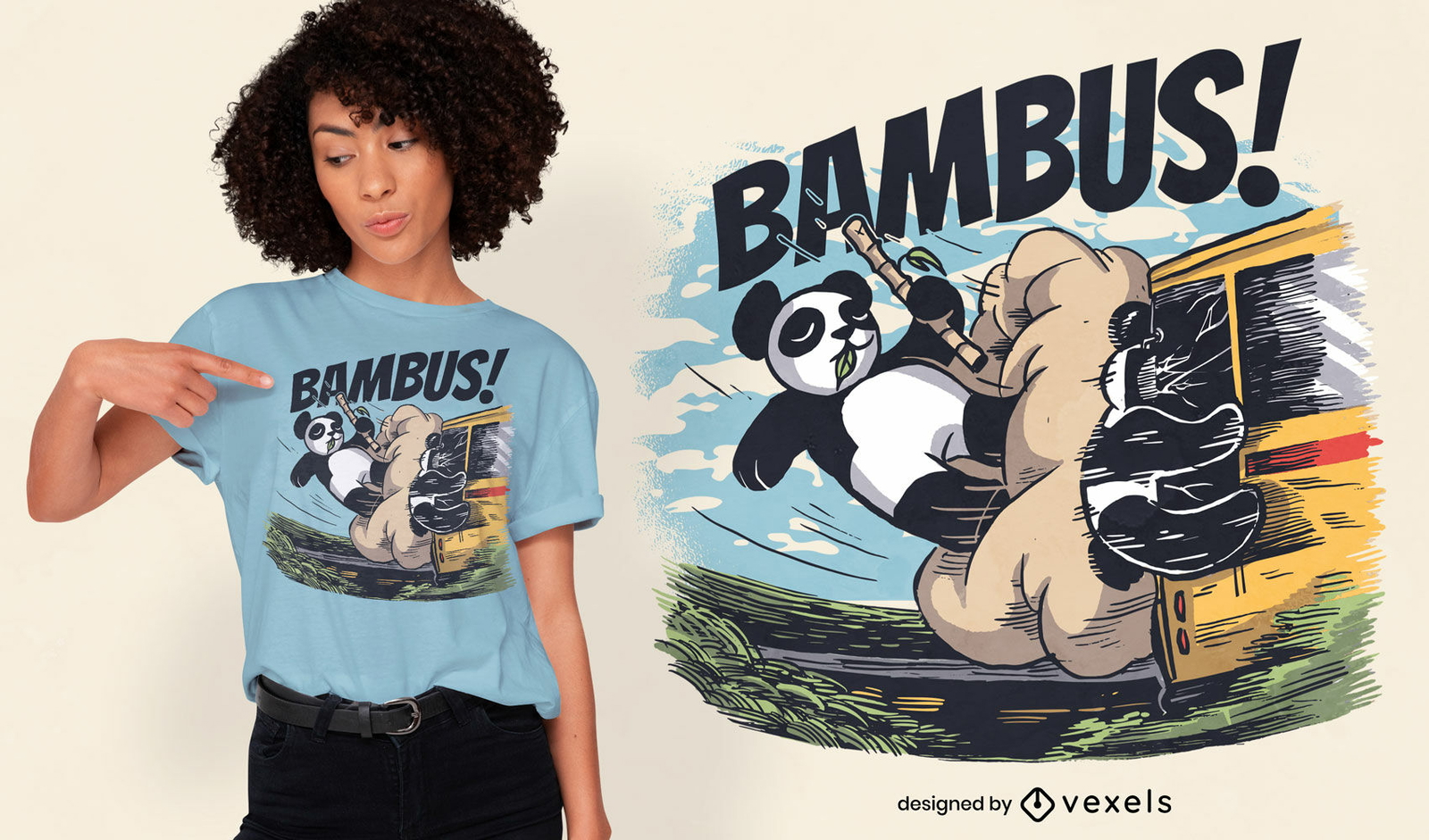 Design de camiseta para acidente de ônibus com urso panda