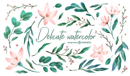 Watercolor flowers and leaves set