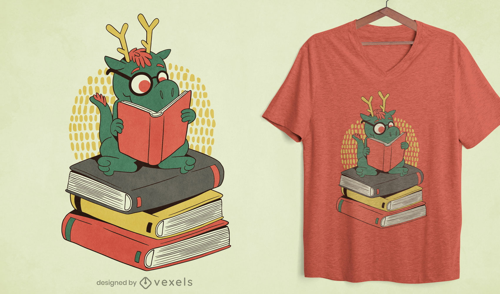 Desenho de t-shirt de dragão na pilha de livros