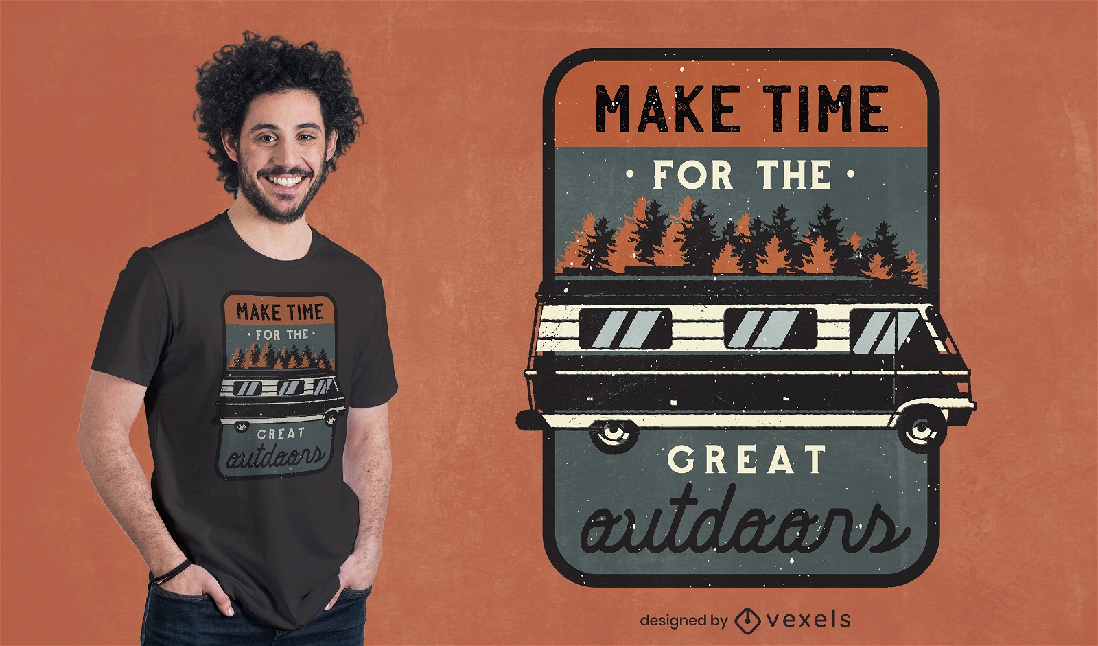 Design de t-shirt com crachá vintage para van camping