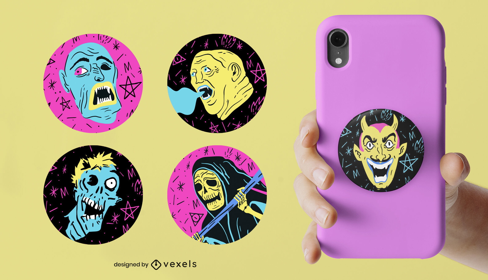 Diseños de popsocket planos de personajes de Halloween