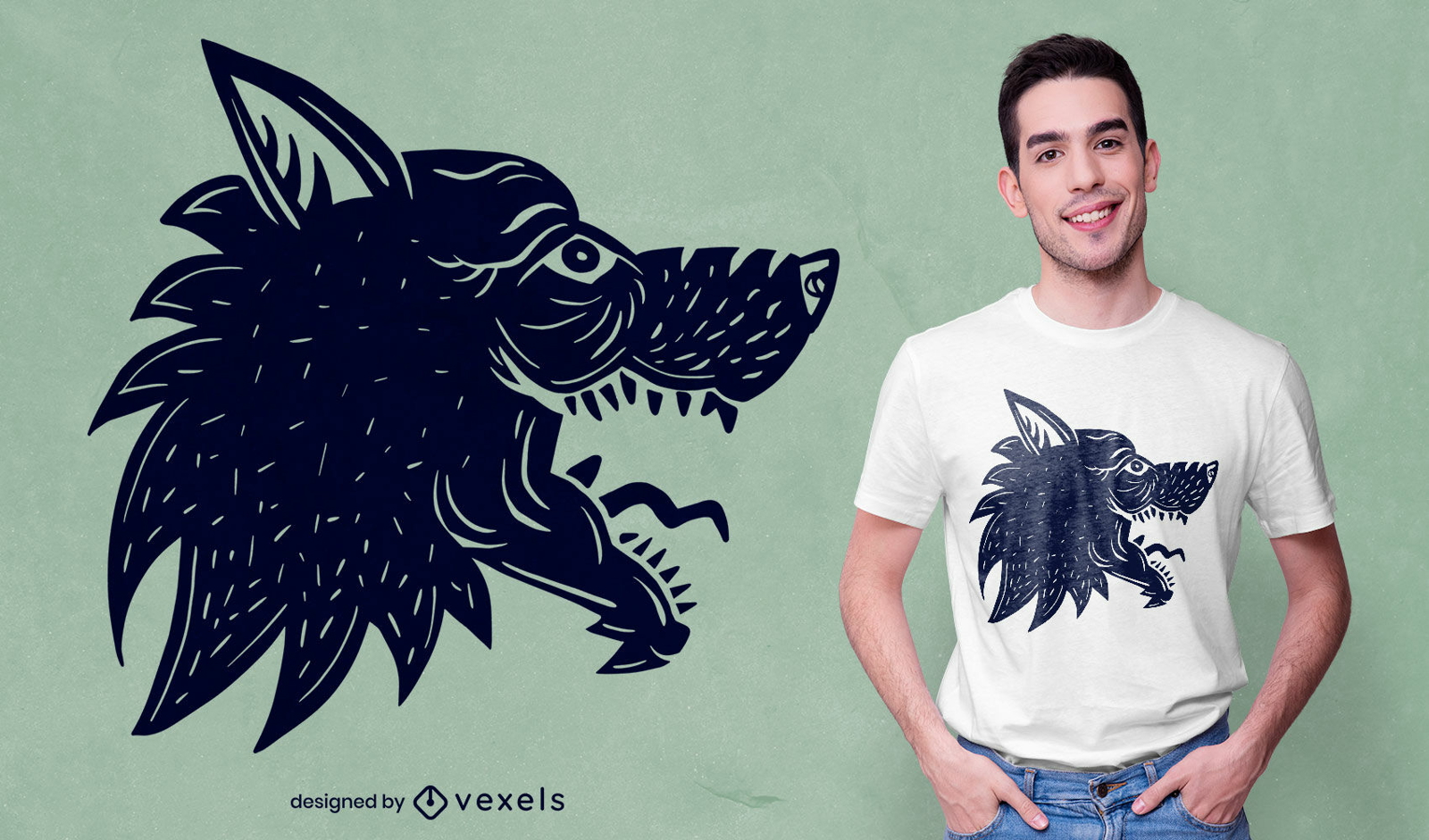 Diseño de camiseta de tatuaje de cabeza de lobo