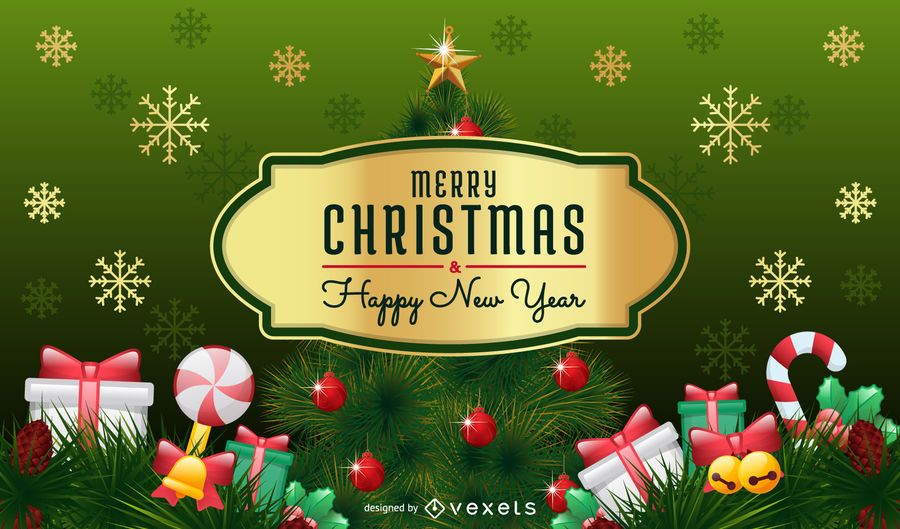 Merry Christmas Card With Christmas Tree And Badge - Vector Download