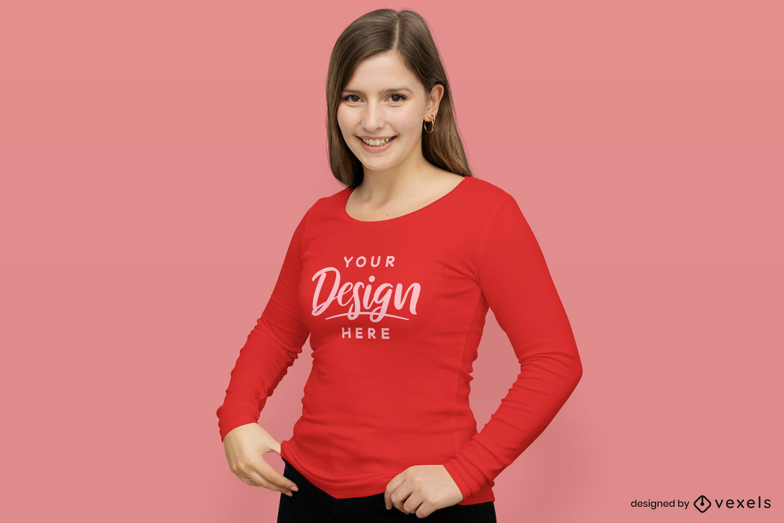 Maqueta de camiseta roja de manga larga para niña