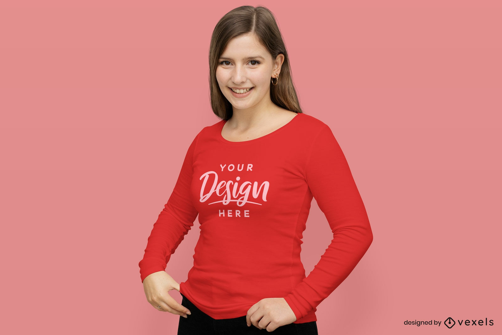 Maquete de camiseta vermelha de manga comprida feminina