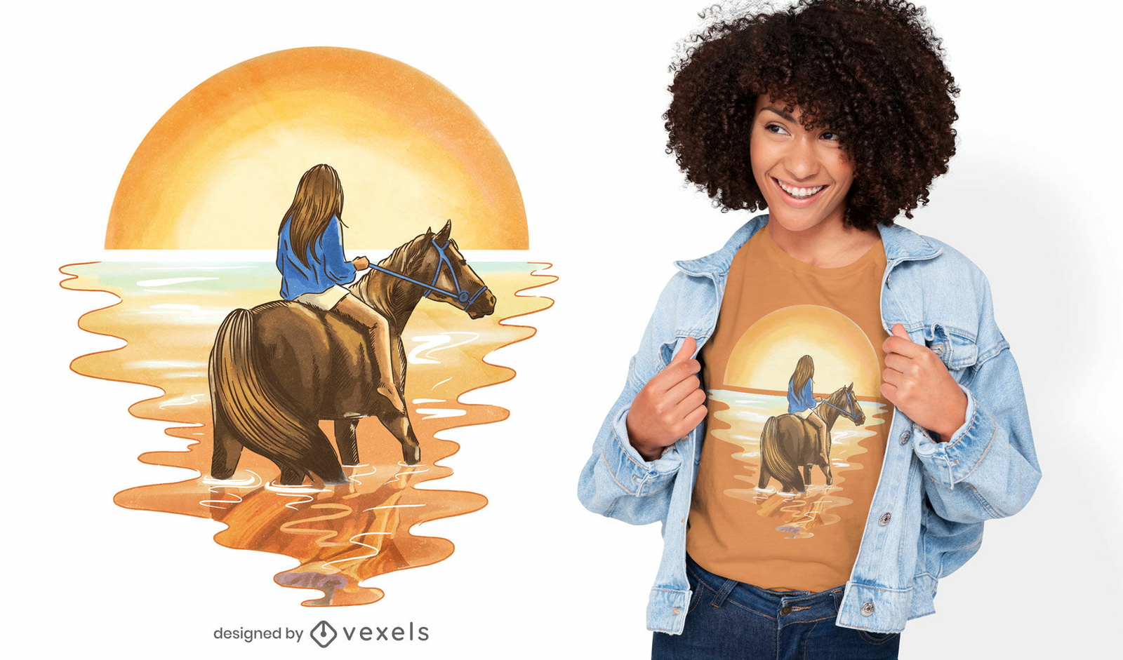 Rapariga a cavalo com o design da t-shirt do pôr do sol